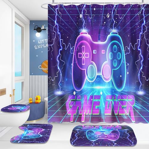 Fadaing Gamepad Duschvorhänge Set Gamer Gamepad Dusche Vorhang Set Mit Teppichen 4-teiliges, Gaming Duschvorhang Modern Game Shower Curtains Wasserdichter (10,180×180cm) von Fadaing