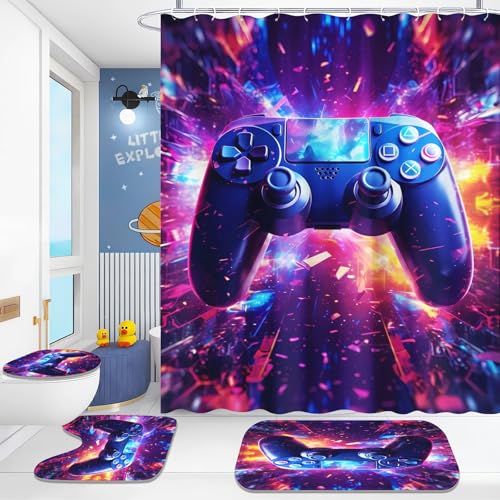Fadaing Gamepad Duschvorhänge Set Gamer Gamepad Dusche Vorhang Set Mit Teppichen 4-teiliges, Gaming Duschvorhang Modern Game Shower Curtains Wasserdichter (5,180×200cm) von Fadaing