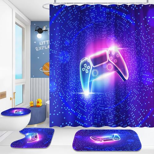 Fadaing Gamepad Duschvorhänge Set Gamer Gamepad Dusche Vorhang Set Mit Teppichen 4-teiliges, Gaming Duschvorhang Modern Game Shower Curtains Wasserdichter (7,180×180cm) von Fadaing