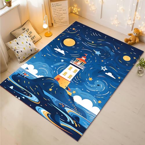 Fadaing Leuchtturm Teppich Wohnzimmer 160x230cm Bunt Strand Kinderteppich Kinderzimmer, Dream Leuchtturm Teppich Kinder Spielteppich Wohnzimmerteppich(12,50x80cm) von Fadaing
