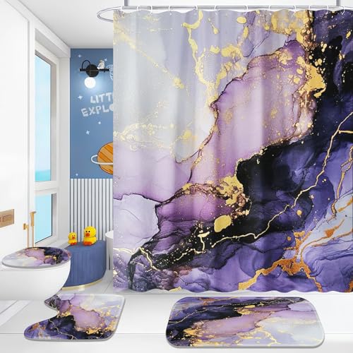 Fadaing Marmor Duschvorhänge Set Schwarz Gold Grün Muster Dusche Vorhang Set Mit Teppichen 4-teiliges, Marmor Duschvorhang MarmorShower Curtains Wasserdichter (1,200×200cm) von Fadaing