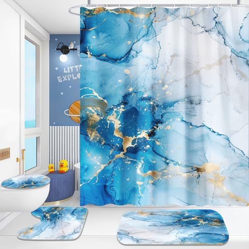 Fadaing Marmor Duschvorhänge Set Schwarz Gold Grün Muster Dusche Vorhang Set Mit Teppichen 4-teiliges, Marmor Duschvorhang MarmorShower Curtains Wasserdichter (2,200×200cm) von Fadaing