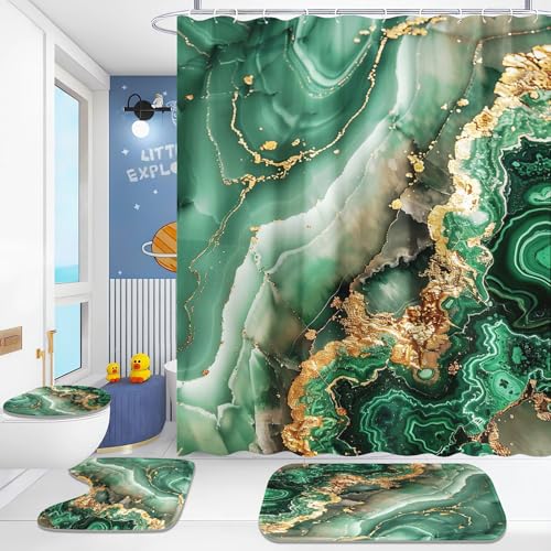 Fadaing Marmor Duschvorhänge Set Schwarz Gold Grün Muster Dusche Vorhang Set Mit Teppichen 4-teiliges, Marmor Duschvorhang MarmorShower Curtains Wasserdichter (4,180×180cm) von Fadaing