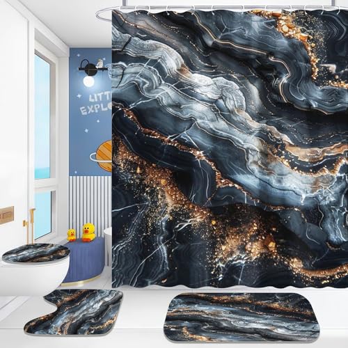 Fadaing Marmor Duschvorhänge Set Schwarz Gold Grün Muster Dusche Vorhang Set Mit Teppichen 4-teiliges, Marmor Duschvorhang MarmorShower Curtains Wasserdichter (6,120×200cm) von Fadaing