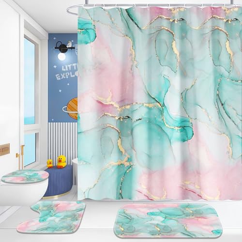 Fadaing Marmor Duschvorhänge Set Schwarz Gold Grün Muster Dusche Vorhang Set Mit Teppichen 4-teiliges, Marmor Duschvorhang MarmorShower Curtains Wasserdichter (8,180×180cm) von Fadaing