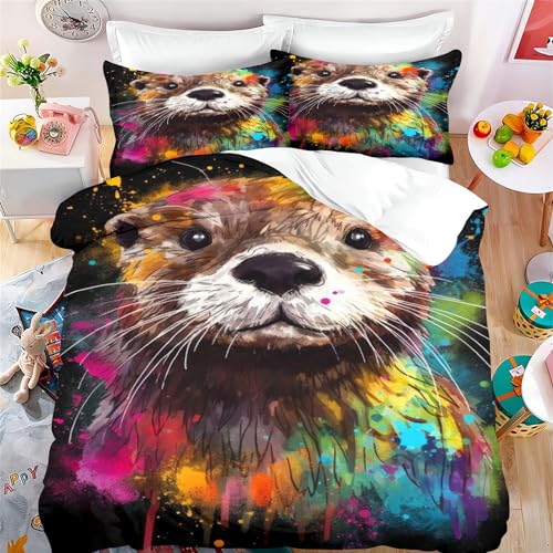 Fadaing Otter Bettwäsche 135x200 Cartoon Tier Otter Bettbezug Für Kinder Seeotter Weiche Mikrofaser Bettwäsche Set Mit Reißverschluss Und 2 Kissenbezügen (2,Single 135 X 200 cm) von Fadaing