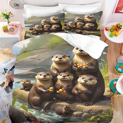 Fadaing Otter Bettwäsche 135x200 Süßer Otter Bettbezug Set Für Kinder Mädchen Jungen, Tier Otter Bettwäsche Set Weiche Mikrofaser Mit Reißverschluss Und Kissenbezüge (6,Single 135 X 200 cm) von Fadaing