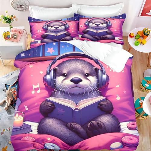 Fadaing Otter Bettwäsche 135x200 Süßer Otter Bettbezug Set Für Kinder Mädchen Jungen, Tier Otter Bettwäsche Set Weiche Mikrofaser Mit Reißverschluss Und Kissenbezüge (8,Single 135 X 200 cm) von Fadaing