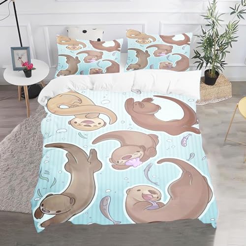 Fadaing Otter Bettwäsche 135x200 Süßes Otter Bettbezug Für Kinder Jungs Mädchen Seeotter Weiche Mikrofaser Bettwäsche Set Mit Reißverschluss Und 2 Kissenbezügen (135 x 200 cm,1) von Fadaing