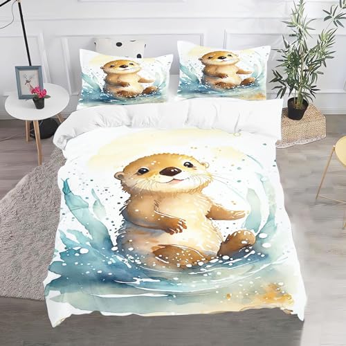 Fadaing Otter Bettwäsche 135x200 Süßes Otter Bettbezug Für Kinder Jungs Mädchen Seeotter Weiche Mikrofaser Bettwäsche Set Mit Reißverschluss Und 2 Kissenbezügen (135 x 200 cm,2) von Fadaing