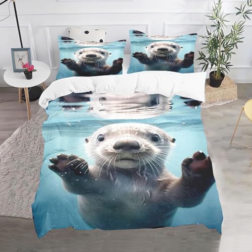 Fadaing Otter Bettwäsche 135x200 Süßes Otter Bettbezug Für Kinder Jungs Mädchen Seeotter Weiche Mikrofaser Bettwäsche Set Mit Reißverschluss Und 2 Kissenbezügen (135 x 200 cm,3) von Fadaing