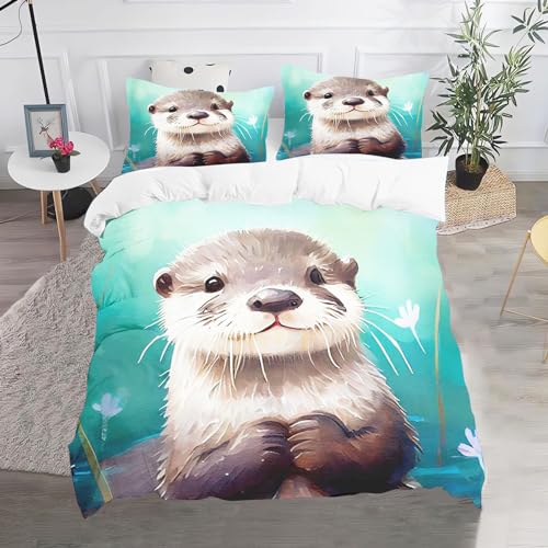 Fadaing Otter Bettwäsche 135x200 Süßes Otter Bettbezug Für Kinder Jungs Mädchen Seeotter Weiche Mikrofaser Bettwäsche Set Mit Reißverschluss Und 2 Kissenbezügen (135 x 200 cm,4) von Fadaing