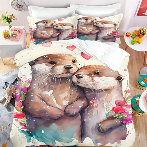 Fadaing Otter Bettwäsche 135x200 Süßes Tier Otter Bettbezug Für Kinder Seeotter Weiche Mikrofaser Bettwäsche Set Mit Reißverschluss Und 2 Kissenbezügen (1,Single 135 X 200 cm) von Fadaing