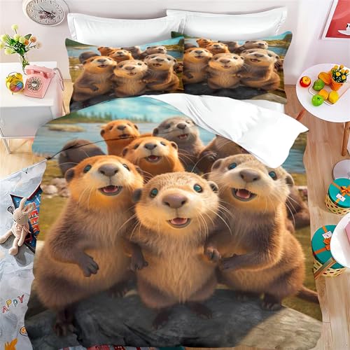 Fadaing Otter Bettwäsche 135x200 Süßes Tier Otter Bettbezug Für Kinder Seeotter Weiche Mikrofaser Bettwäsche Set Mit Reißverschluss Und 2 Kissenbezügen (2,Single 135 X 200 cm) von Fadaing