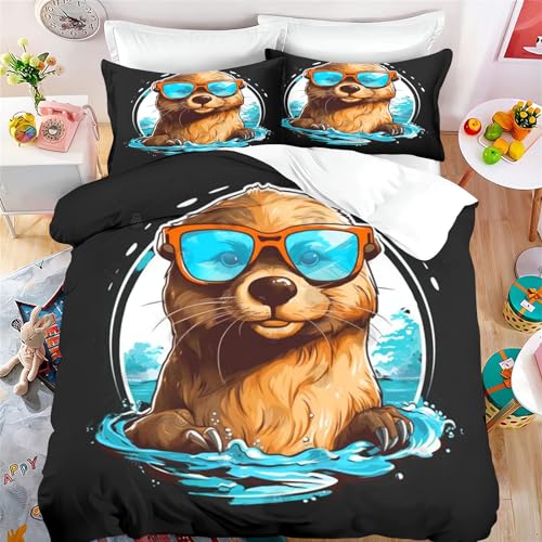 Fadaing Otter Bettwäsche 135x200 Süßes Tier Otter Bettbezug Für Kinder Seeotter Weiche Mikrofaser Bettwäsche Set Mit Reißverschluss Und 2 Kissenbezügen (7,Single 135 X 200 cm) von Fadaing