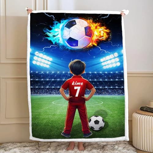 Fadaing Personalisierte Decke, Personalisierte Fussball Decke Mit Namen, Individuelle Fußballdecke Mit Namen, Fußball Decke 150x200 cm Kuscheldecke Fleecedeck Fußball (1,75 x 100cm) von Fadaing