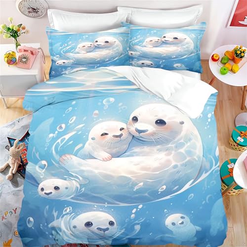 Fadaing Robbe Bettwäsche 135x200 Kinder - Cartoon Robbe Bettbezug Set, Ozean-Tiere Weiche Mikrofaser Bettwäsche Set Mit Reißverschluss Und 2 Kissenbezügen (3,Single 135 X 200 cm) von Fadaing