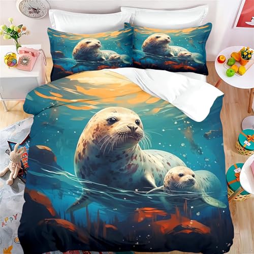 Fadaing Robbe Bettwäsche 135x200 Kinder - Cartoon Robbe Bettbezug Set, Ozean-Tiere Weiche Mikrofaser Bettwäsche Set Mit Reißverschluss Und 2 Kissenbezügen (4,Double 200 X 200 cm) von Fadaing