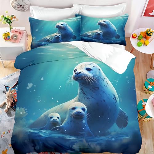 Fadaing Robbe Bettwäsche 135x200 Kinder - Cartoon Robbe Bettbezug Set, Ozean-Tiere Weiche Mikrofaser Bettwäsche Set Mit Reißverschluss Und 2 Kissenbezügen (5,Double 200 X 200 cm) von Fadaing