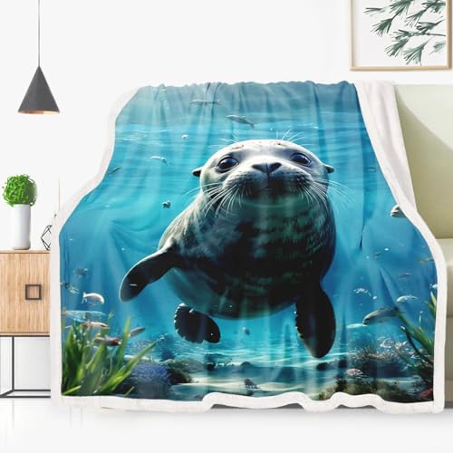 Fadaing Robbe Decke Kuscheldecken Niedliche Robbe Motiv Wohndecken Dicke Decke Warm Sofadecken Decke Cartoon Meerestiere Flanell Schlafdecke Für Erwachsene Kinde (3,130 x 150 cm) von Fadaing