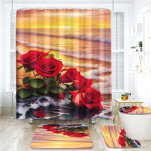 Fadaing Rose Duschvorhang 180 x 200 180 x 180 Blumen Duschvorhänge Wasserdichtes Polyeste Blühende Roses Duschvorhang Badezimmermatte 4-teiliges Set (120 x 200 cm,8) von Fadaing