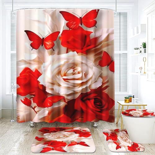 Fadaing Rose Duschvorhang 180 x 200 180 x 180 Blumen Duschvorhänge Wasserdichtes Polyeste Blühende Roses Duschvorhang Badezimmermatte 4-teiliges Set (180 x 200 cm,2) von Fadaing