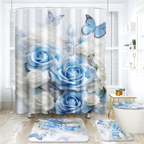 Fadaing Rose Duschvorhang 180 x 200 180 x 180 Blumen Duschvorhänge Wasserdichtes Polyeste Blühende Roses Duschvorhang Badezimmermatte 4-teiliges Set (180 x 200 cm,6) von Fadaing