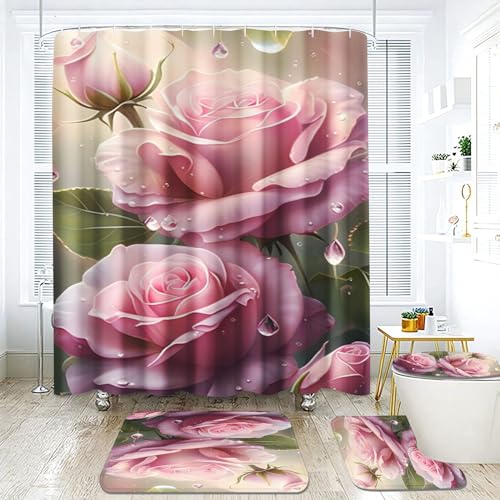 Fadaing Rose Duschvorhang 180 x 200 180 x 180 Blumen Duschvorhänge Wasserdichtes Polyeste Blühende Roses Duschvorhang Badezimmermatte 4-teiliges Set (180 x 200 cm,7) von Fadaing