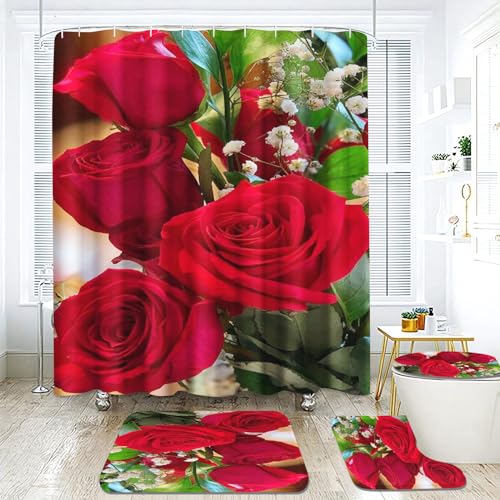 Fadaing Rose Duschvorhang 180 x 200 180 x 180 Blumen Duschvorhänge Wasserdichtes Polyeste Blühende Roses Duschvorhang Badezimmermatte 4-teiliges Set (200 x 240 cm,1) von Fadaing