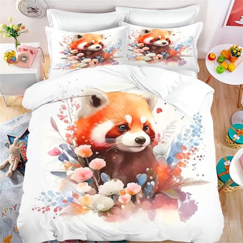 Fadaing Roter Panda Bettwäsche 135x200 Kinder Waldtiere Bettbezug Set, Cartoon Roter Panda Weiche Mikrofaser Bettwäsche Set Mit Reißverschluss Und 2 Kissenbezügen (1,Single 135 X 200 cm) von Fadaing