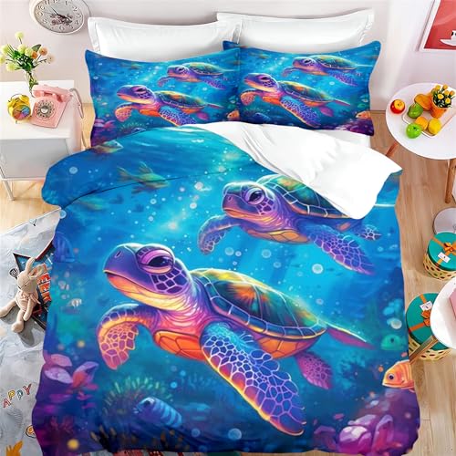 Fadaing Schildkröte Bettwäsche 135x200 Kinder Aquarelle Meeresschildkröte Bettbezug Set, Meerestier Weiche Mikrofaser Bettwäsche Set Mit Reißverschluss Und 2 Kissenbezügen (1,Single 135 X 200 cm) von Fadaing