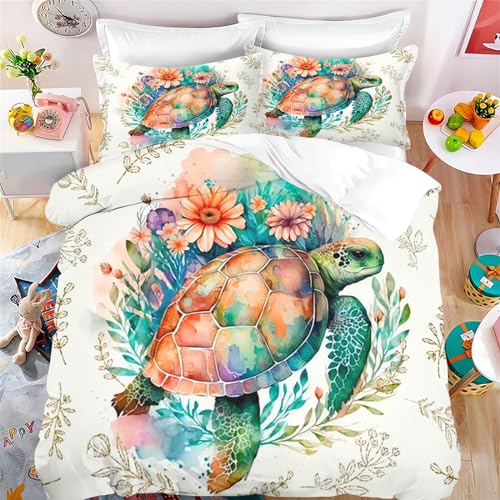 Fadaing Schildkröte Bettwäsche 135x200 Kinder Aquarelle Meeresschildkröte Bettbezug Set, Meerestier Weiche Mikrofaser Bettwäsche Set Mit Reißverschluss Und 2 Kissenbezügen (5,Single 135 X 200 cm) von Fadaing
