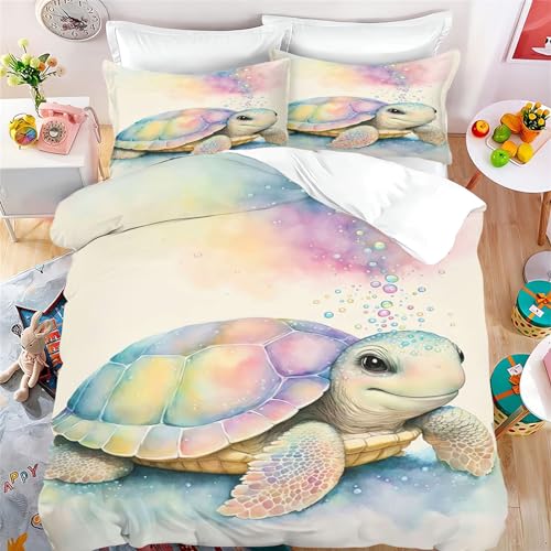 Fadaing Schildkröte Bettwäsche 135x200 Kinder Aquarelle Meeresschildkröte Bettbezug Set, Meerestier Weiche Mikrofaser Bettwäsche Set Mit Reißverschluss Und 2 Kissenbezügen (7,Single 135 X 200 cm) von Fadaing
