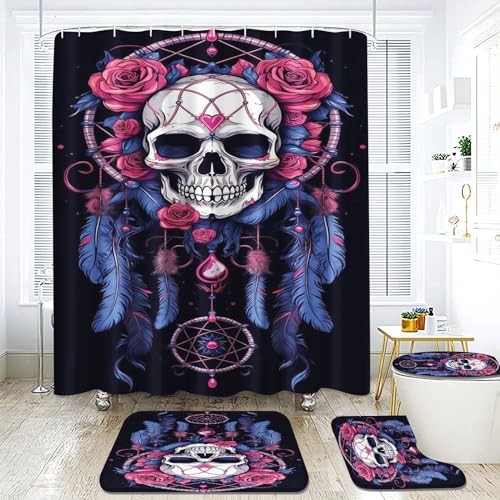 Fadaing Skull Duschvorhang 180 x 200 180 x 180 Skull Pattern Gothic Duschvorhänge Wasserdichtes Polyester 3D Skull Duschvorhang Badezimmermatte 4-teiliges Set (120 x 200 cm,4) von Fadaing