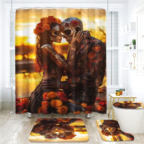 Fadaing Skull Duschvorhang 180 x 200 180 x 180 Skull Pattern Gothic Duschvorhänge Wasserdichtes Polyester 3D Skull Duschvorhang Badezimmermatte 4-teiliges Set (120 x 200 cm,6) von Fadaing