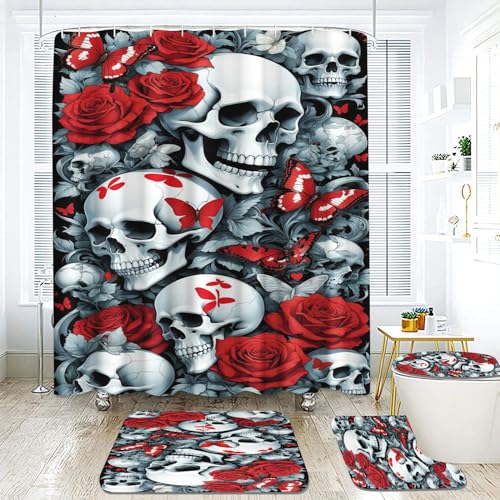 Fadaing Skull Duschvorhang 180 x 200 180 x 180 Skull Pattern Gothic Duschvorhänge Wasserdichtes Polyester 3D Skull Duschvorhang Badezimmermatte 4-teiliges Set (180 x 200 cm,8) von Fadaing