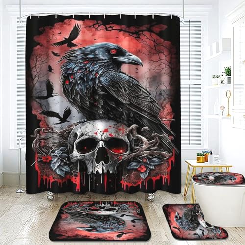 Fadaing Skull Duschvorhang 180 x 200 180 x 180 Skull Pattern Gothic Duschvorhänge Wasserdichtes Polyester 3D Skull Duschvorhang Badezimmermatte 4-teiliges Set (200 x 240 cm,1) von Fadaing