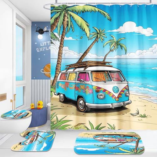 Fadaing Strand Meer Duschvorhang 180x200 Palmblätter Duschvorhang-Sets Beach Wellen Textil Duschvorhänge Polyester Badezimmerteppich 4-teiliges Set (10,200×200cm) von Fadaing