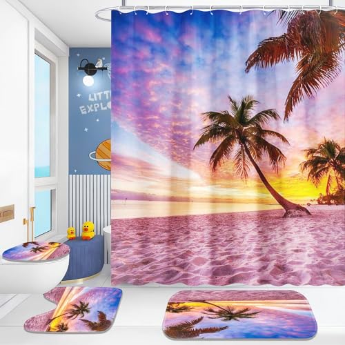 Fadaing Strand Meer Duschvorhang 180x200 Palmblätter Duschvorhang-Sets Beach Wellen Textil Duschvorhänge Polyester Badezimmerteppich 4-teiliges Set (2,180×200cm) von Fadaing