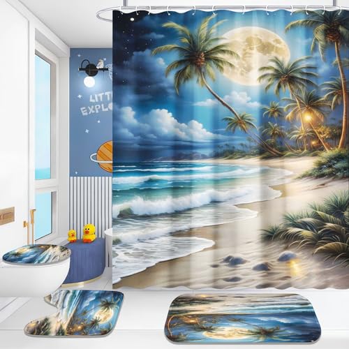 Fadaing Strand Meer Duschvorhang 180x200 Palmblätter Duschvorhang-Sets Beach Wellen Textil Duschvorhänge Polyester Badezimmerteppich 4-teiliges Set (6,180×180cm) von Fadaing