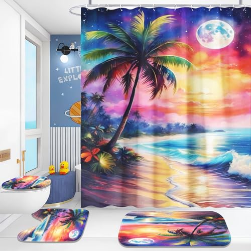 Fadaing Strand Meer Duschvorhang 180x200 Palmblätter Duschvorhang-Sets Beach Wellen Textil Duschvorhänge Polyester Badezimmerteppich 4-teiliges Set (9,120×200cm) von Fadaing