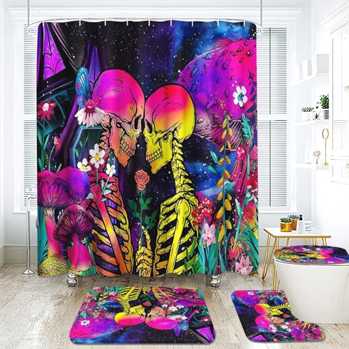 Fadaing Totenkopf Duschvorhang 180 x 200 180 x 180 Schädel Muster Gothic Duschvorhänge Wasserdichtes Polyeste Skull Duschvorhang Badezimmermatte 4-teiliges Set (120 x 200 cm,5) von Fadaing