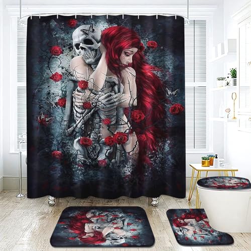 Fadaing Totenkopf Duschvorhang 180 x 200 180 x 180 Schädel Muster Gothic Duschvorhänge Wasserdichtes Polyeste Skull Duschvorhang Badezimmermatte 4-teiliges Set (180 x 180 cm,1) von Fadaing