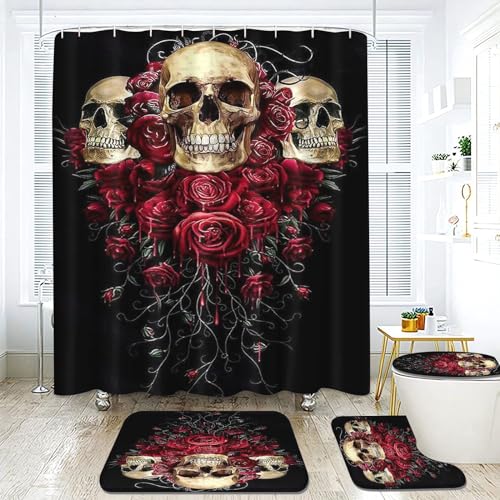 Fadaing Totenkopf Duschvorhang 180 x 200 180 x 180 Schädel Muster Gothic Duschvorhänge Wasserdichtes Polyeste Skull Duschvorhang Badezimmermatte 4-teiliges Set (180 x 180 cm,2) von Fadaing