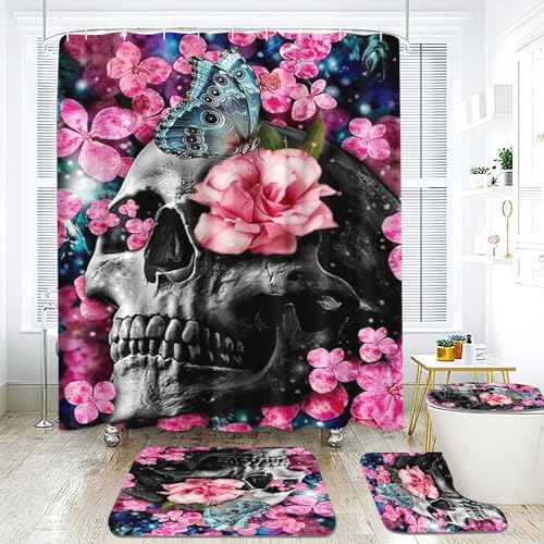 Fadaing Totenkopf Duschvorhang 180 x 200 180 x 180 Schädel Muster Gothic Duschvorhänge Wasserdichtes Polyeste Skull Duschvorhang Badezimmermatte 4-teiliges Set (180 x 180 cm,4) von Fadaing