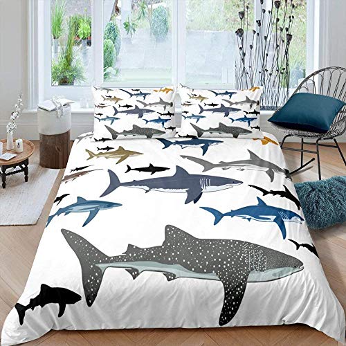 Fadaseo Bettwäsche Meerestier Hai Musterdeluxe 3 Teilig Aus 100% Baumwolle Mit Reißverschluss Bettwäscheset 1 Bettbezug Und 2Kissenbezug （135 X 200 cm） von Fadaseo