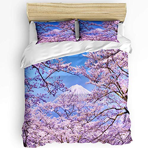 Fadaseo Japanisches Kirschblüten-weiches 3-teiliges Bettbezug-Set mit 1 Bettbezug und 2 Kissenbezügen für Schlafzimmer Bettwäsche-Set mit Reißverschluss und Eckbändern von Fadaseo