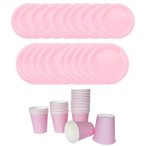 30-teiliges Partygeschirr, Papiergeschirr, Partybecher, Einwegteller, Geburtstagsgeschirr, Teller und Partybecher für Hochzeit, Grill (Rosa) von Fadcaer