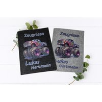Zeugnismappe Monstertruck Personalisiert Filz A4 - Filzmappe Mit Name Einschulung Geschenk Junge Schulmappe Ordner Urkunden Schule von Fadensalat