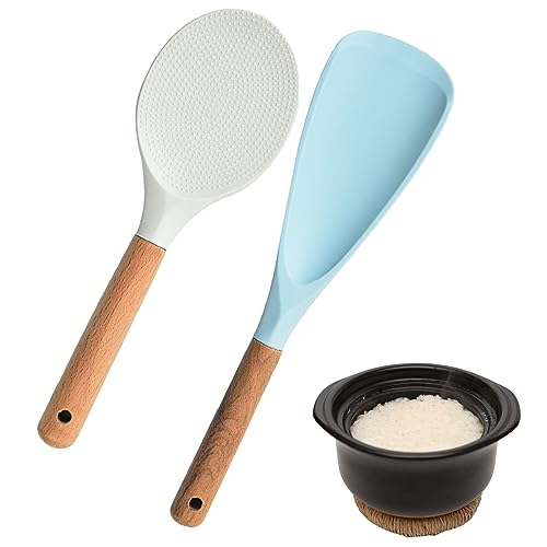 Faderr Reislöffel-Set, 1 x Reislöffel und 1 x Reisspatel, Silikon und Holz, hitzebeständig, antihaftbeschichtet, Weiß und Blau von Faderr